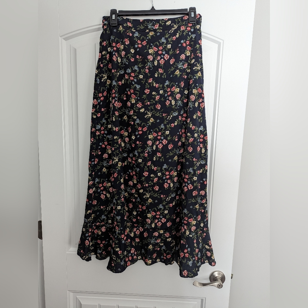 Navy Floral Midi Split Skirt